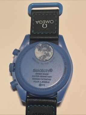 Swatch Blue and White Speedmaster-Style Chronograph Watch just a little scratch